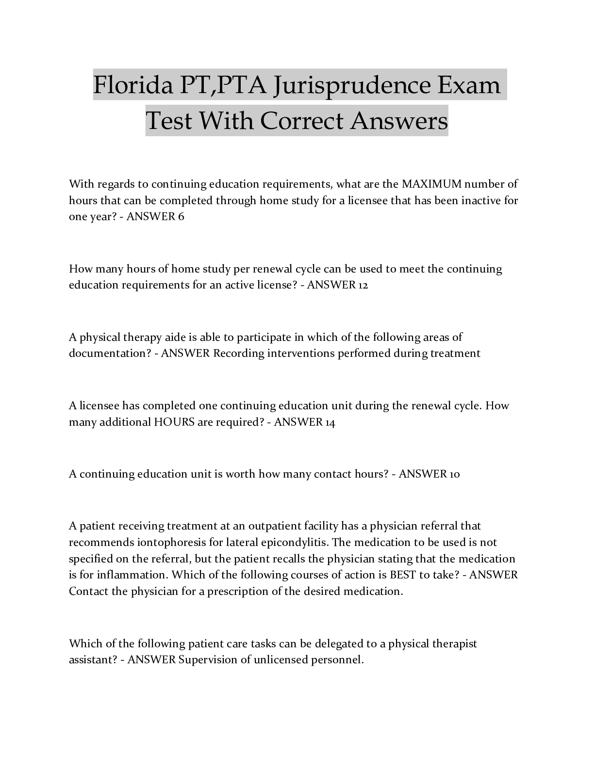 Preview of Florida PT,PTA Jurisprudence Exam Test With Correct Answers